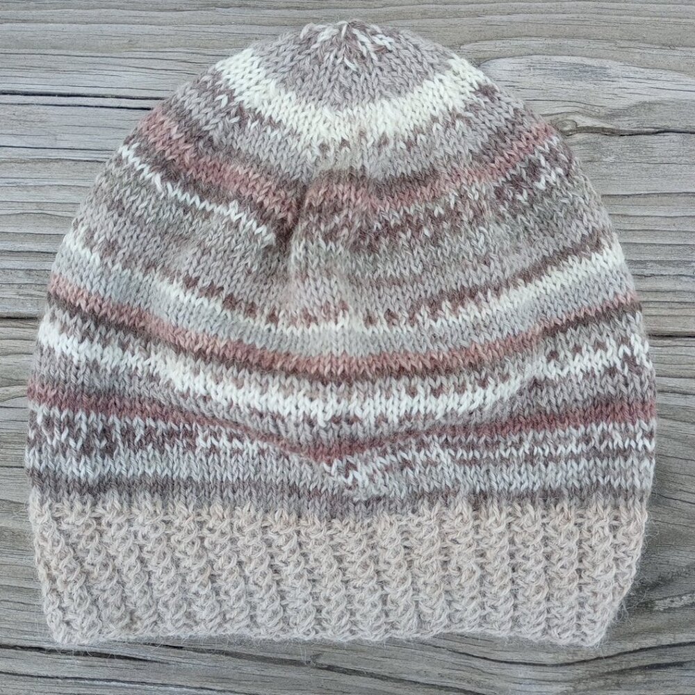 Mens Alpaca Wool Beanie Skully Hand Knit Hat Light Thin Faux Fair Isle Brown - Picture 8 of 10